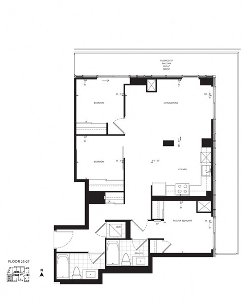 Floor plan for 3 beds, 2 baths, 993 sqft